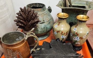 Tray Metal- 2 Cloissone Vases 5 1/2", Bronze Handled Vessel 6 1/2" X 7" Diam, Cast Iron Wheat Door