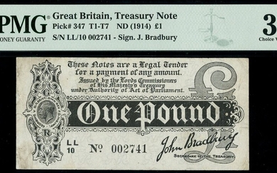 Treasury Series, John Bradbury, first issue £1, ND (7 August 1914), serial number LL/10 002741,...