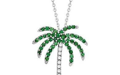Tsavorite and Diamond Palm Tree Necklace 14k White Gold 0.50ctw