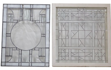 Two English Art Deco Geometric Leaded Clear Glass Windows, 20th c., one framed; the second unframed