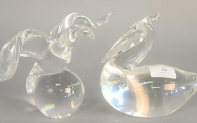 Two Steuben glass birds, eagle on globe, ht. 6" and a
