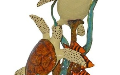 Two Turtles Swimming with Clown Fish Bronze Statue