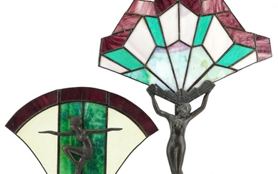 Two bronzed and leaded glass figural table lamps, each mount...