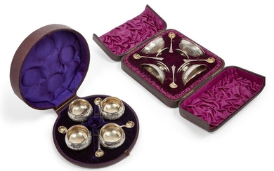 Two cased Victorian silver condiment sets, comprising a set of...