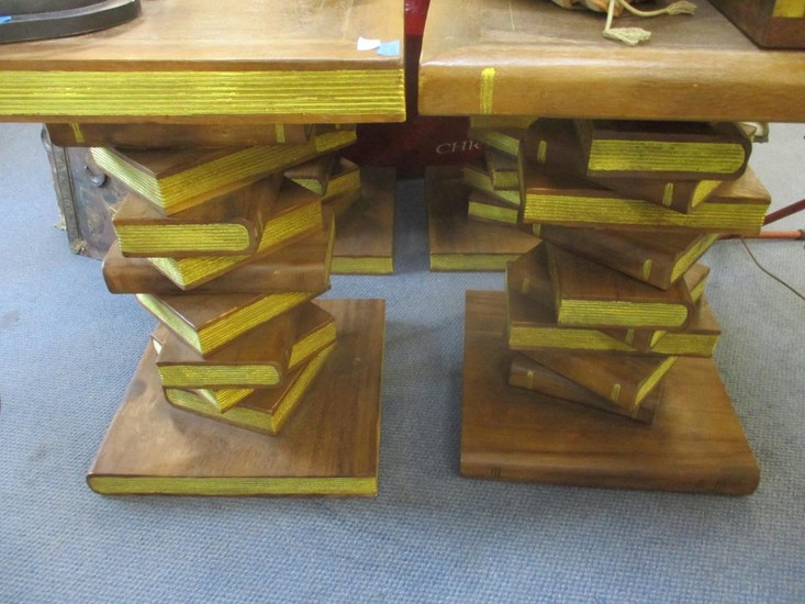Two hardwood tables in the form of stacked books with gilt p...