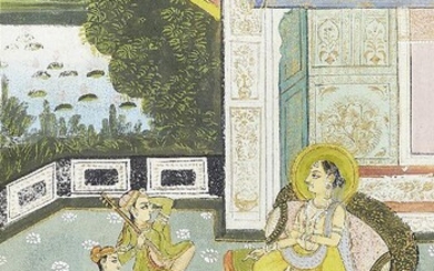 Two scenes of a princess on a terrace, Rajasthan, India, early 20th century, opaque pigments on paper heightened with gilt, the first with the princess haloed and being entertained by female musicians; the second the princess received a royal...