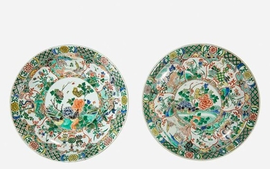 Two similar Chinese famille verte-decorated dishes