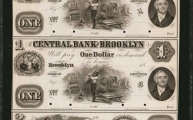 Uncut Sheet of (4) Brooklyn, New York. Central Bank of Brooklyn. 1850s-1860s. $1-$1-$2-$3. PMG Choice Uncirculated 63. Proof Sheet.