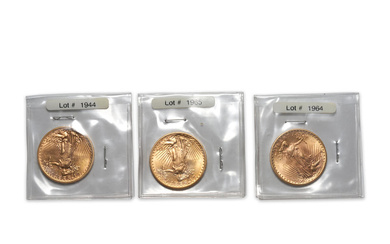 United States Three St. Gaudens $20 Double Eagle Gold Coins.