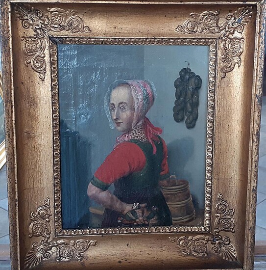 SOLD. Unknown painter, 19th century: A milkmaid. Unsigned. Olie på lærred. 24 x 19 cm. Frame size 35 x 30 cm. – Bruun Rasmussen Auctioneers of Fine Art