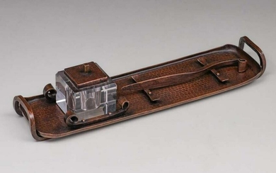 Unusual Roycroft Hammered Copper Pen Tray & Inkwell Set