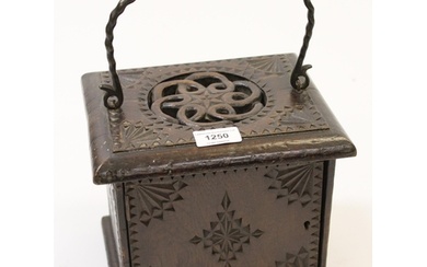 Unusual small antique carved oak box with a pierced top, iro...