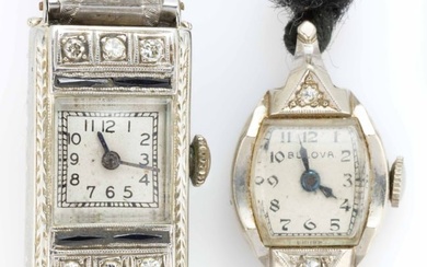VINTAGE ART DECO 14K AND 18K WHITE GOLD AND DIAMOND CASED LADY'S WRIST WATCHES, LOT OF TWO