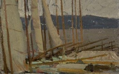 Victor Dmitryevsky, Russian 1923-2006- Moored boats, 1948; oil on canvas, signed and dated lower left 'V Dmitryevsky 48', indistinctly inscribed and dated on the reverse '1948', 100 x 60 cm