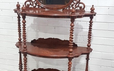 Victorian Figured Walnut & Marquetry Whatnot, of three demi-lune tiers, the oval mirror back with pierced spandrels, the shelves rai...