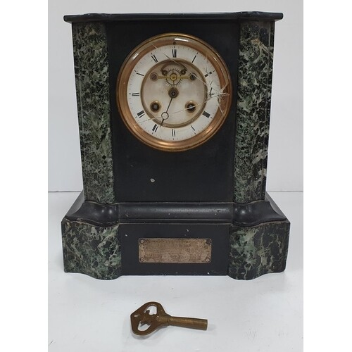 Victorian slate and marble mantle clock with key, Glass fac...