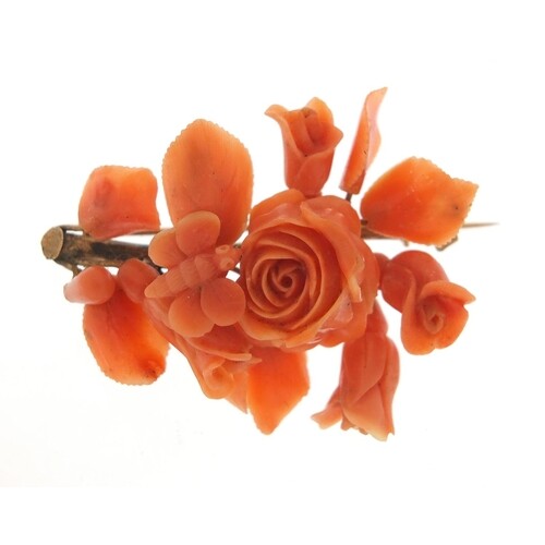 Victorian unmarked gold and coral brooch, carved with a bee ...