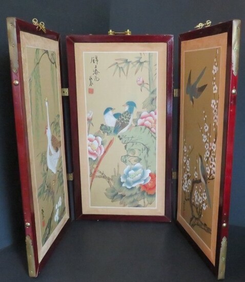 Vintage Japanese Hand Painted Three Panel Folding Screen Byobu