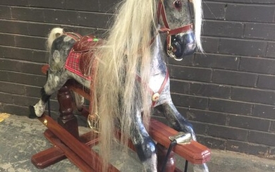Vintage Painted Rocking Horse, of Schimmel colouring & on stained timber base (H:110)