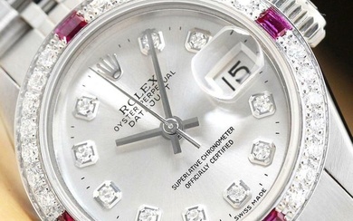 Womens 18k White Gold & Stainless Steel Rolex Datejust With A Silver Diamond Dial & Ruby Sapphire