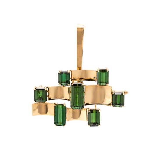 YELLOW GOLD AND GREEN TOURMALINE PENDANT/BROOCH