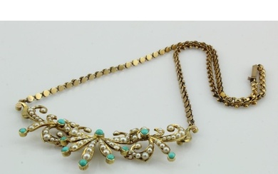 Yellow gold Edwardian pearl and turquoise necklace, pendant ...