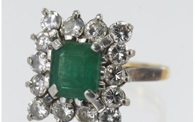 Yellow gold (tests 18ct) diamond and emerald cluster ring, o...