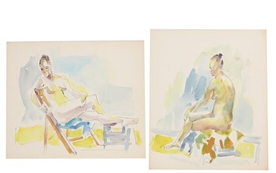 Yolanda Fusco Embellished Watercolor Paintings, Late 20th Century