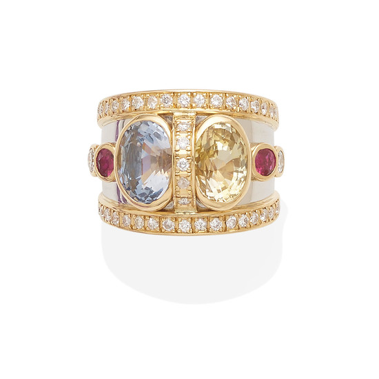 a gold, diamond, blue and yellow sapphire ring