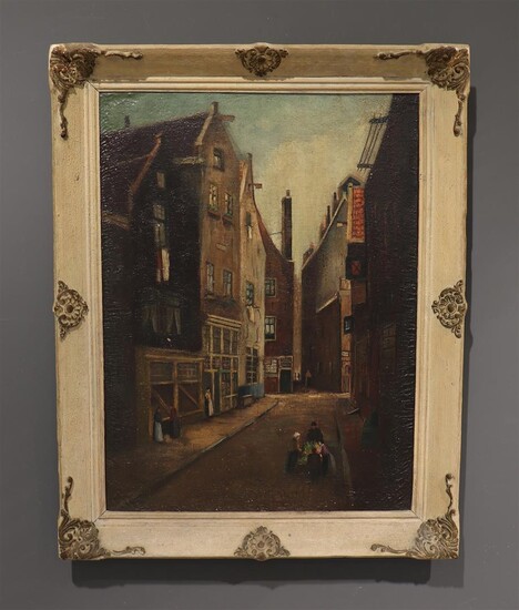 (-), anonieme meester, Amsterdams stadgezicht met figuren, olieverf...