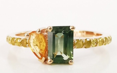 0.80 ct green & 0.38 ct orange sapphire 0.37 ct fancy vivid yellow diamonds designer ring - 14 kt. Pink gold - Ring Sapphire - Diamonds