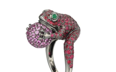 Boucheron Ruby Pink Sapphire and Emerald Frog Ring