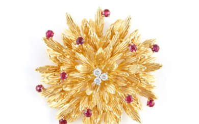 Gold, Diamond and Ruby Flower Brooch, Tiffany & Co.