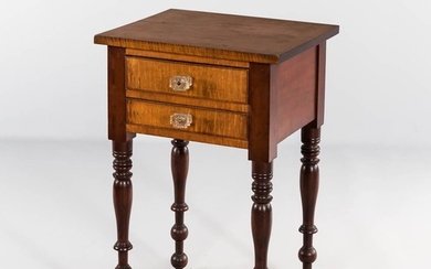 Tiger Maple and Cherry Worktable, probably Pennsylvania or Ohio, early 19th century, the top above a case with two scratchbeaded drawer