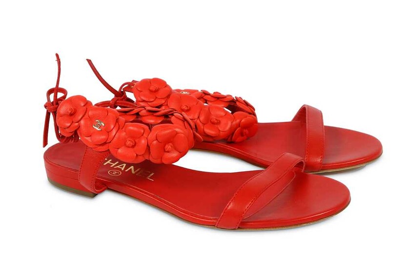 Chanel Red Leather Camellia Ankle Strap Sandals - size 36.5