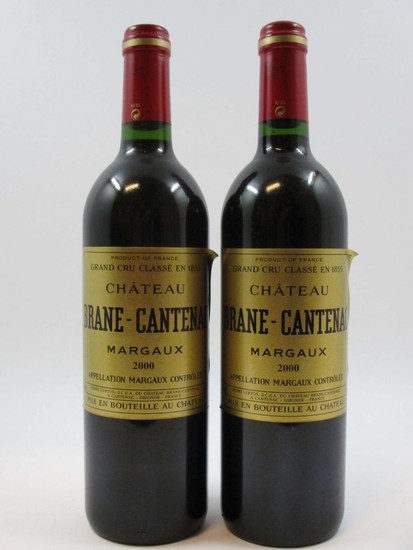 12 bouteilles CHÂTEAU BRANE CANTENAC 2000 2è GC Margaux (étiquettes légèrement (abimée), légèrement décollées