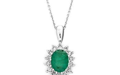 1.35 tcw Emerald Pendant - 14 kt. White gold - Pendant - 1.25 ct Emerald - 0.10 ct Diamonds - No Reserve Price