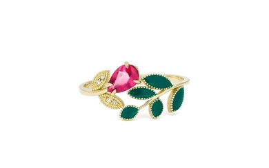 14 kt. Gold, Yellow gold - Ring Ruby - Diamonds