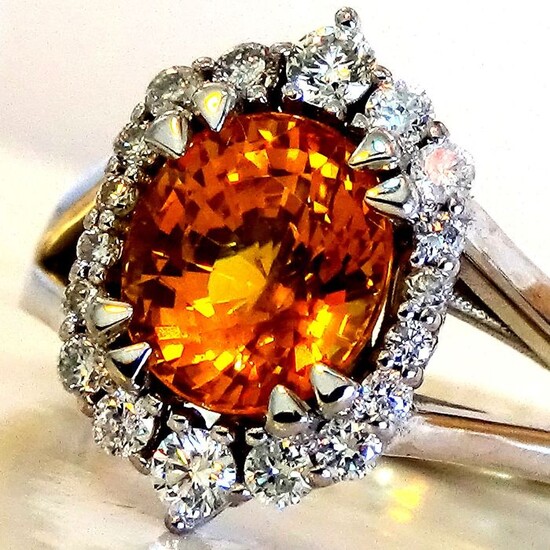 14 kt. White gold - Ring Sapphire - Natural Orange Yellow And Diamonds - NO RESERVE