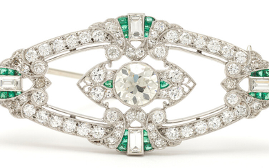 14K Art Deco Diamond & Emerald Brooch