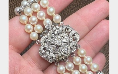 14K White Gold Cultured Pearl & Diamond Bracelet