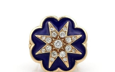 14K Yellow Gold Blue Enamel and Diamond Star Ring