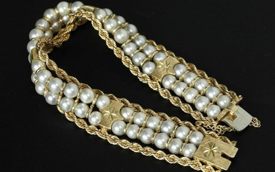 14k gold pearl double-row bracelet, marked 14k