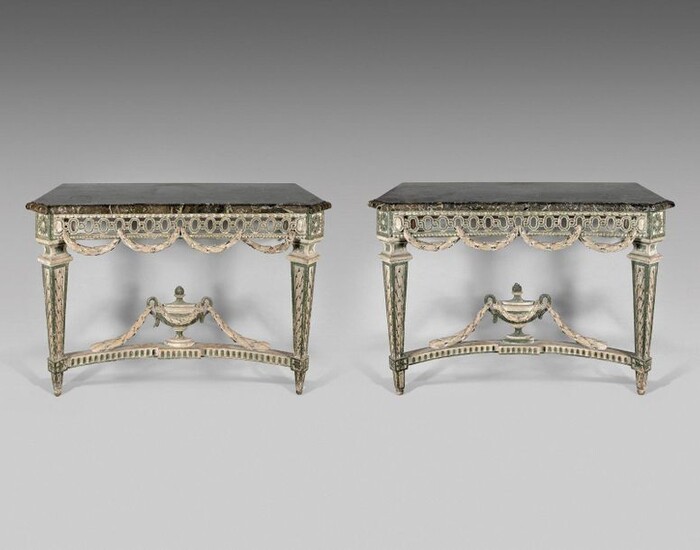 151- Pair of grey lacquered wooden consoles with...