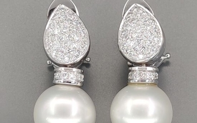 18 kt. South sea pearl, White gold, Diameter mm 12.60 - Earrings - 1.05 ct Diamond