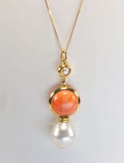 18 kt. South sea pearl, Yellow gold - Necklace with pendant - Coral