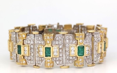 18 kt. White gold, Yellow gold - Bracelet - 5.00 ct Emeralds - Ct 8.80 Diamonds - AIG MILAN REPORT N. J5030064119