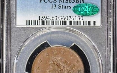 1817 1C 13 Stars Coronet Head Cent PCGS MS63BN (CAC)