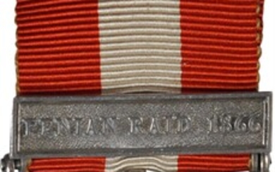 (1899) Canada General Service medal with one clasp: FENIAN RAID 1866. Silver, 36 mm. MY-125 (clasp i), BBM-80. Edge mount with straight ...