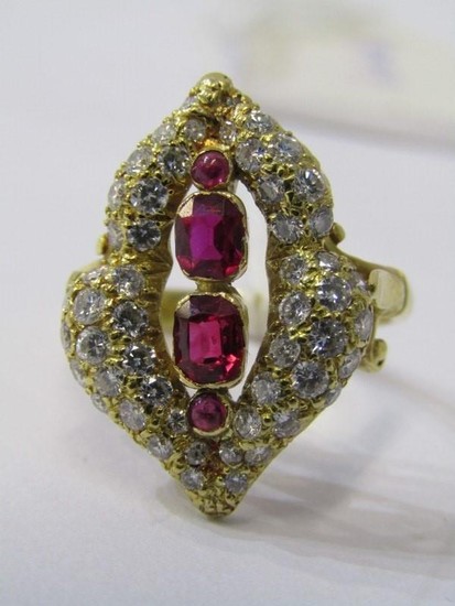 18ct YELLOW GOLD RUBY & DIAMOND COCKTAIL RING, unusual Art N...